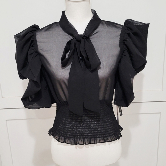 Live 4 Truth Tops - NWT Live 4 Truth Sheer Black Tie-Neck Ruffle Sleeve Top w/Smocked Waist | L